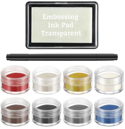 Qomcsrl Kit di Embossing con 8 X 5g di Polveri per Embossing Assortite, Penna per Dettagli Trasparente, Tampone D'Inchiostro e Forniture.