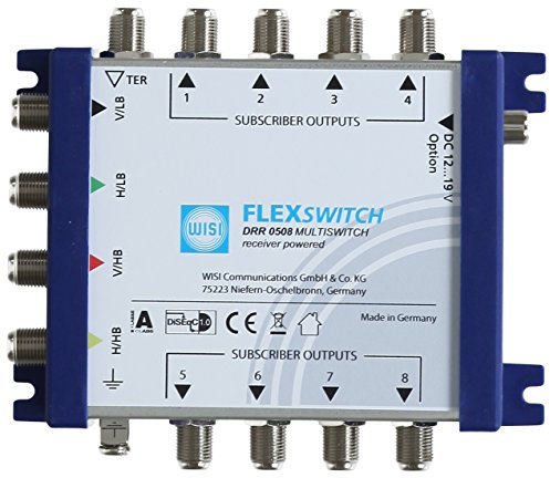 WISI FLEXSWITCH Multischalter DRR 0508 – Receiver-gespeister 5-in-8 Multiswitch mit passivem terrestrischem Zweig für 8 Teilnehmer – Für DVB-T/T2, DVB-S/S2, DAB & UKW, silber