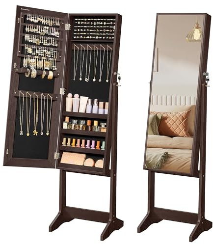 SONGMICS Mirror Jewelry Cabinet Armoire, Standing Full-Length Mirror, Lockable Jewelry Organizer, Gift Idea, Brown Surface and Black Lining UJJC69BR