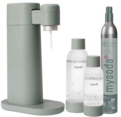 Mysoda: Toby Set di gorgogliatori in composito di legno rinnovabile con bottiglie di plastica da 1 l e 0,5 l Quick-Lock senza BPA e cilindro di CO2, verde chiaro (Pigeon)