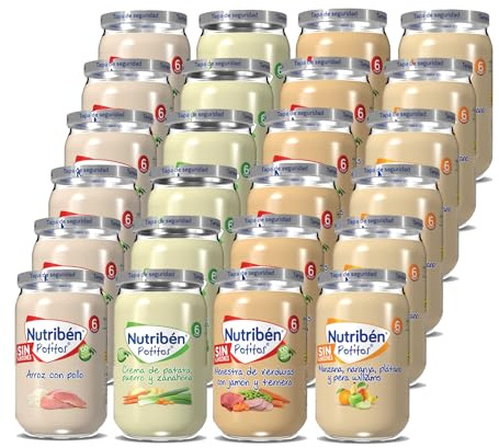 Nutribén Pack de 24 Potitos variados | Arroz con pollo | Menestra de verduras con jamón. | Crema de patata, puerro y zanahoria | Manzana, naranja, plátano y pera | Desde los 6 Meses - 24 x 235gr