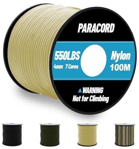 Omtofo 100 m Paracord 550 nylonrep 4 mm, 7 kärnsträngar paracord khaki, fallskärmslina, nylonsnöre för armband, lina/koppel, halsband, överlevnadsrep max. 250 kg (550 lbs)