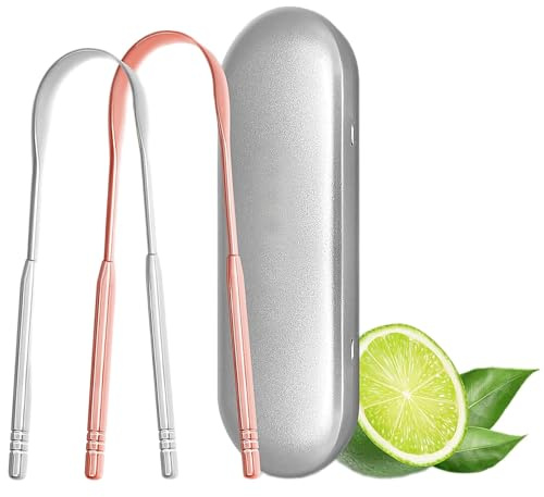 Tongue Scraper Cleaner 2 Pack, Medical Grade 100% Stainless Steel Tongue Cleaner Tool with Travel Case, Replace Tongue Brush for Oral Care, Suitable for Cleaning Bad Breath in Adults and Kids