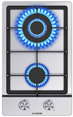 Gas Hob 2 Burners, 30cm Built-in Stainless Steel Cooktop, NG/LPG Convertible Propane Gas Stove with Flame Failure Thermocouple Protection, Cast Iron Pan Support, 3300W + 1750W High Power