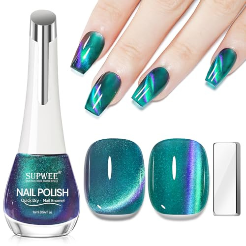 SUPWEE Magnet Nagellack Ohne UV Lampe, 16ML Holographic Grün Cat Eye Nagellack Schnelltrocknend Katzenauge Gellack mit Magnet Quick Drying Oil Based Nail Polish Non Gel für Home DIY Salon