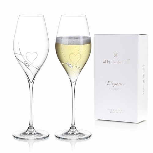 Brilant Romantic Passion Swan Prosecco - Set di 2 bicchieri da spumante per coppia di sposi, senza piombo, con motivo a cuore e cristalli di alta qualità, realizzati a mano, 2 pezzi, 320 ml