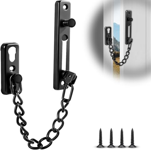 Security Door Chain Lock Heavy Duty Stainless Steel Anti-Theft | Latch Sliding Bolt with 4 Screws for Home, Hotel & Apartment (Black)