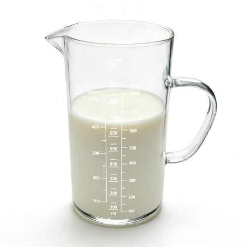 LUMITERRA 1L Messbecher, Hohe Qualität Messkrug Glas Krug, Borosilikatglas, Präzise Skala, Hitzebeständig, Mikrowellen Geeignet, Ergonomischer Griff, für Kochen, Backen, Präzises Abmessen