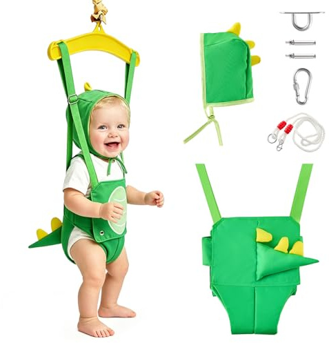 FUNLIO Baby Jumper mit Deckenhaken für 6–24 Monate, Türhopser für Babys für drinnen und draußen, Baby Jumper mit verstellbarer Kette, leicht zu montieren und zu verstauen – Grüner Dinosaurier