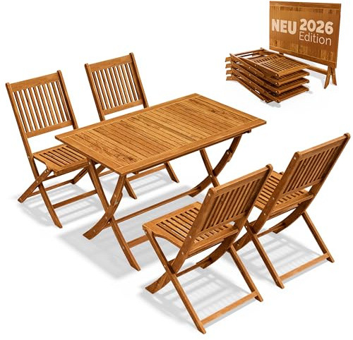 CASARIA® Juego de Muebles de Jardín 5 Piezas Modelo 2026 Mesa Extra Estable con Refuerzo Madera Acacia FSC® 4 Sillas Plegable Set Comedor Exterior Resistente Intemperie Balcón Terraza