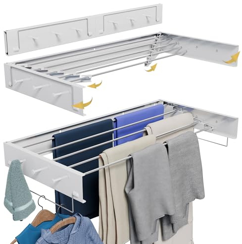 Tendedero Pared Plegable Extensible 100 Cm Aluminio Blanco Resistente Anticorrosión Para Baño Lavadero Balcón Con 5 Varillas 6 Ganchos 2 Soportes Colgantes Ahorra Espacio Secado Eficiente (grande)