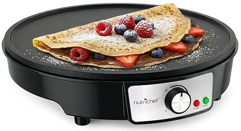 NutriChef Pancake Maker Electric Crepe Machine – Non-Stick 30 cm Hot Plate with Temperature Control & LED Light, Cook Crepes, Eggs, Omelettes | Includes Batter Spreader & Wooden Spatula