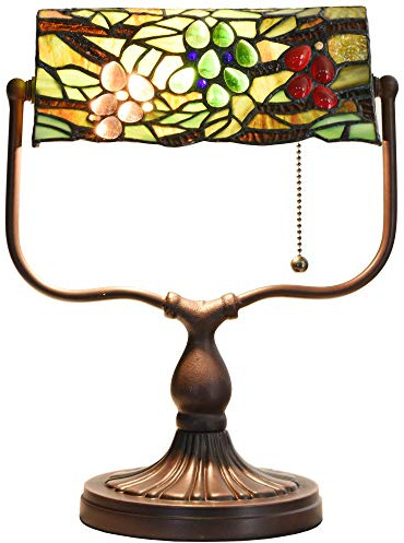Bieye L10764 Grape Tiffany Style Stained Glass Banker Desk Lamp for Reading Working, 14-inches Tall