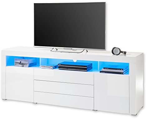 Stella Trading TV-Lowboard in Weiß, Weiß Hochglanz mit blauer LED-Beleuchtung - TV Schrank mit viel Stauraum für Ihr Wohnzimmer - 200 x 74 x 44 cm (B/H/T)