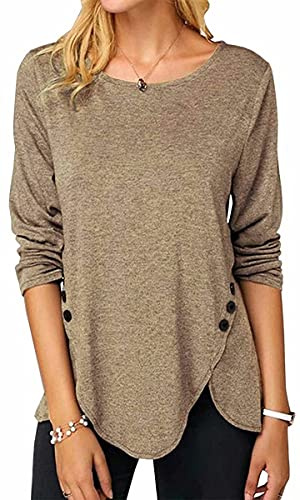 ASKSA Femme T-Shirt à Manches Longues Chemise à Col Rond Tops Lâche Long Tshirts Blouse Tunique avec Boutons (Abricot,S)