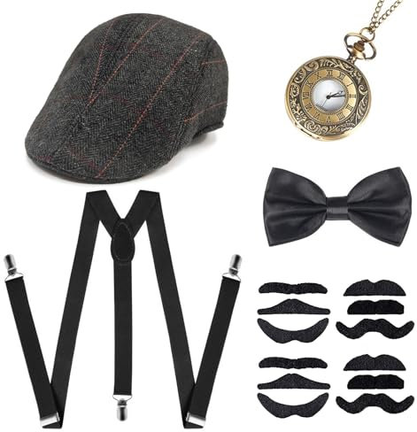 NITAIUN Herren 1920er Jahre Gatsby Kostümzubehör, Panama Hut, Hosenträger, Fliege, Fake Schnurrbart, Taschenuhr, Cosplay Halloween, Gatsby Themed Party