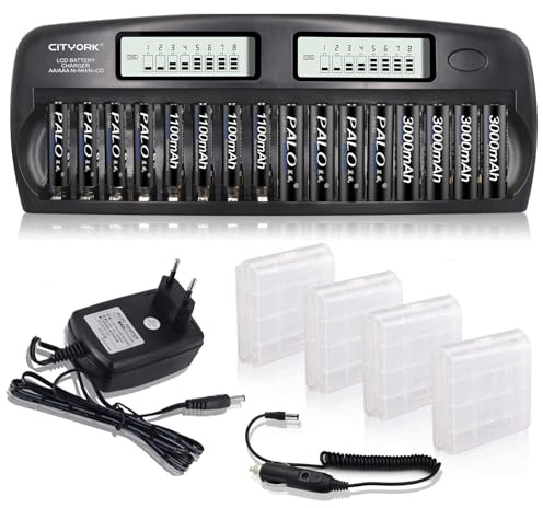 CITYORK 16 fack AA/AAA NiMH Smart batteriladdare inbyggt IC-skydd – med urladdningsfunktion och LCD-skärm – med 8 av 3 000 mAh AA och 8 med 1 100 mAh AAA högkapacitetsbatterier