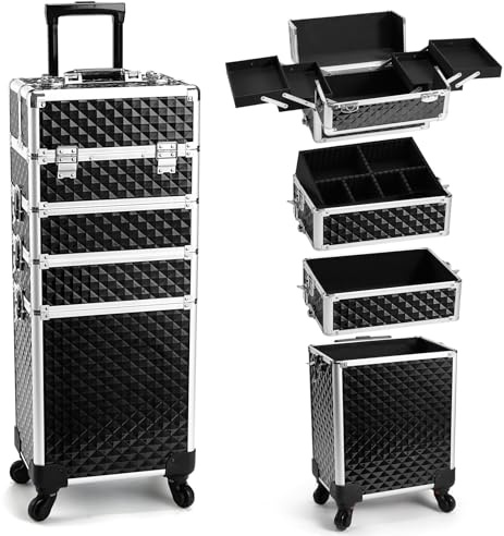 Yueieoun Rolling Makeup Train Case, 4-in-1 Cosmetology Case on Wheels, Nail Tech Cart for Travel, Professional Cosmetic Vanity Case, Suitcase for MUA/Manicure/Tattoo/Style, Lockable Storage Box, Black