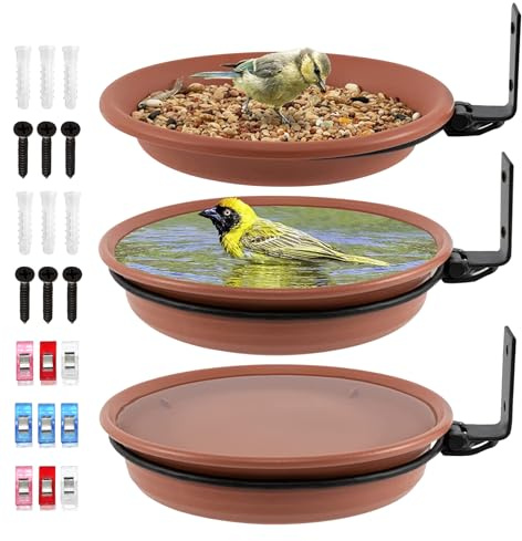 Grantop Lot de 3 mangeoires pour oiseaux et abreuvoir pour oiseaux, bain pour oiseaux, balustrade ronde avec support mural, pour attirer les oiseaux sauvages