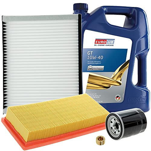 BESTPRICE Inspektionspaket Filterset mit 1x Ölfilter; 1x Luftfilter; 1x Innenraumfilter; 1x Ölablassschraube; 5l Motoröl 10W-40 EUROLUB GT SAE Kompatibel mit FIAT PANDA (169_)