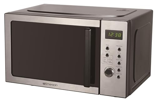 Emerson MW9005SS Compact Countertop Microwave Oven with Push Button Control, LED Display, 900W, 5 Power Levels, 6 Auto Menus, Glass Turntable and Child Safe Lock, 0.9 Cu. Ft., Stainless Steel