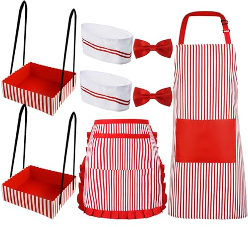 SATINIOR 8 Pcs Halloween Couple Waiter Costume Kit Circus Soda Jerk Popcorn Hot Dog Costume Apron Chef Hat Bow Ties Snack Tray for 1950s Carnival Party Cosplay