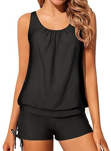 Runmeihe 2-teiliges Tankini-Set für Damen, sportlicher Badeanzug mit Sport-BH, Bauchkontrolle, Badeanzug mit Shorts, Schwarz , 52