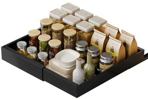 HIQE-FL Teleskopschublade,Ausziehbare Schublade Küche,Pull Slide Out Drawer mit Griff,Teleskopschublade Nachrüsten,Breite 30cm,Kein Bohren,für Küche Unterschrank Organisation. (32-52cm Schwarz)