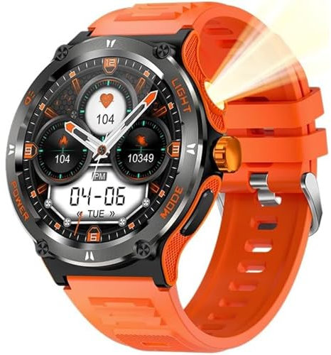Montre Connectée Homme Sport Watch avec Appel Bluetooth 1.53 HD 3ATM Etanche Smartwatch Militaire avec Boussole Bracelet Connecté avec Torche LED Fréquence Cardiaque SpO2 pour Android et iOS (Orange)