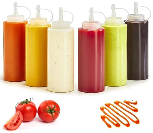 6 StüCk Quetschflasche 240ml, Transparente Squeeze Flasche Mit Skala, Kunststoff Dosierflasche Mit Drehverschluss Trichter FüR Ketchup, Senf, Mayo, HeißE SoßEn, Saucenflasche FüR Home & Restaurant