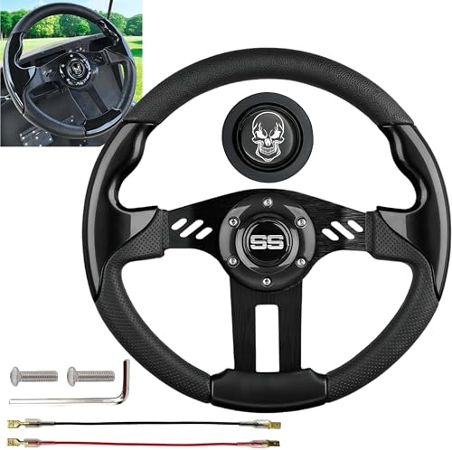 WUKO HUNT Luxury Style Golf Cart Steering Wheel - With Horn Button, with Premium Grip Leather and Ergonomic Design, Fit EZGO TXT/RXV/Club Car DS/Precedent/Yamaha Most Golf Carts (Black-Skull/SS)