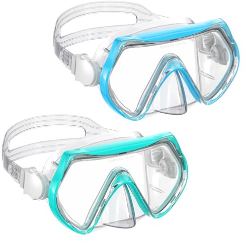 Kids Swim Goggles, Swimming Snorkel Diving Mask with Nose Cover for Youth 6-14 Tempered-Glass 180°Panoramic View Anti-Fog 2 Pack