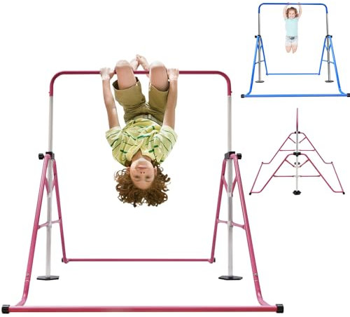Barre de gymnastique d'extérieur pour enfants, hauteur réglable de 115 à 155 cm, équipement de jeu pour l'extérieur, charge maximale : 80 kg pour l'arrêt, 40 kg pour le mouvement (rose)