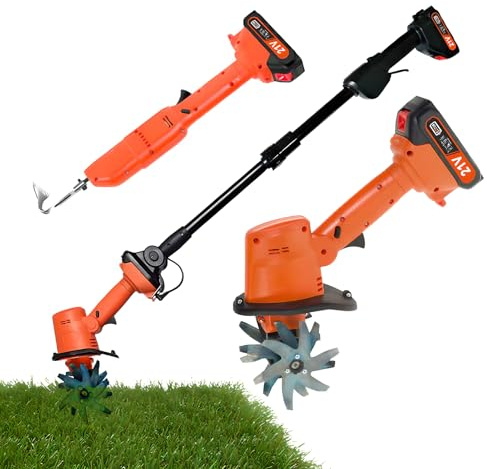 CYTBEK Cordless Electric Garden Tiller & Cultivator, 235 RPM High-Torque Motor, 1.5 Ah Rechargeable Battery with 60 Min Runtime, 10 cm Cultivation Width & Depth, Telescopic Pole