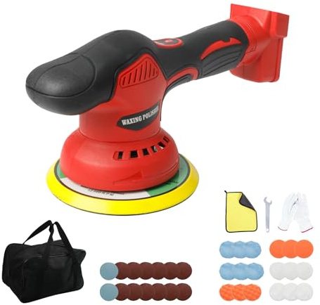 Cordless Car Buffer Polisher Compatible with Milwaukee 18V Battery, 8 Variable Speeds Car Polisher, 6 Inch Orbital Buffer Waxer Kit for Car Detailing Waxing Polishing (Red)