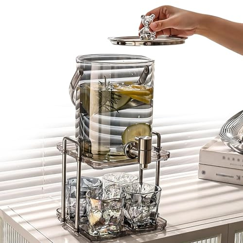Distributore di bevande in vetro con rubinetto e supporto, 3,5 l, per cocktail e punch, include 4 bicchieri, resistente alle alte temperature, perfetto per feste
