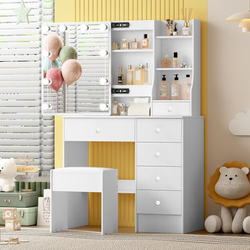 Ereousa Toeletta con Specchio Luminoso e Sgabello, Scrivania da Trucco con 6 Cassetti e 6 Ripiani, Luci LED Dimmerabili, Bianco,36×80×131 cm H41901