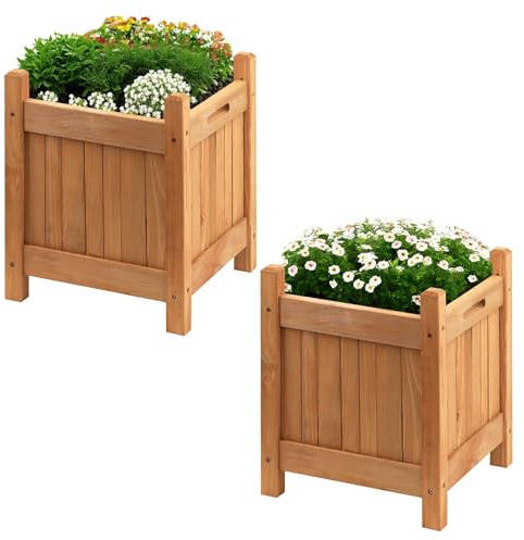 GEEZY Square Wooden Garden Planters Set of 2 - Weather Resistant, Easy Assembly, Carry Handles, Outdoor Flower Pots - Raised Wooden Bed for Growing Flowers, Vegetables, Plants, Herbs