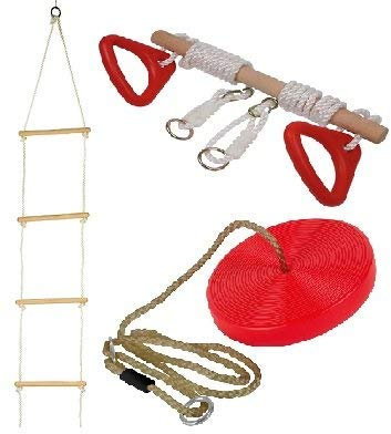Set Of Rope Ladder, Wooden Trapeze Swing & Red Plate Seat Swing Garden Toy