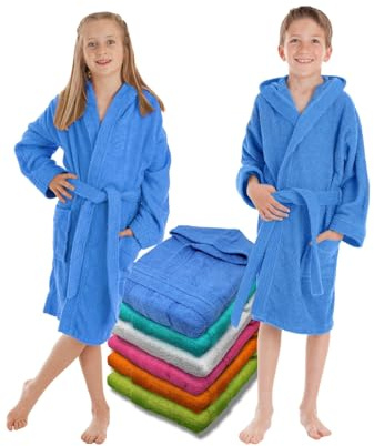 LEBENGOOD - Peignoir de bain enfant, et Robe de Chambre: Fille et Garçon - 100% coton OEKO-TEX®. - 2 poches, ceinture, Capuche, en peluche très doux (14, Azulon)