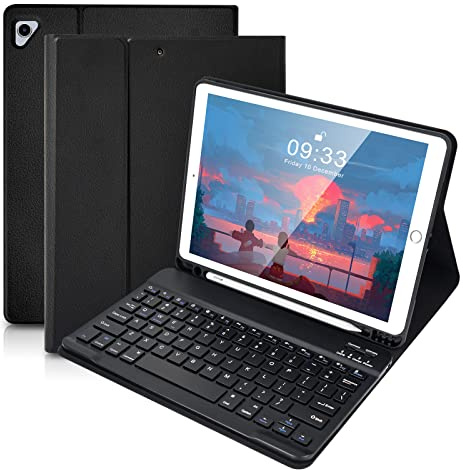 SOPPY Bluetooth-tangentbordsfodral för iPad 6:e generationen 2018/5th Gen 2017, iPad Pro 9.7, iPad Air 1-2, avtagbart trådlöst tangentbord med pennhållare, smalt skyddande fodral