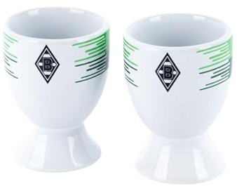Borussia Mönchengladbach Eierbecher 2er Set Streifen | Offizieller Fanartikel Fohlenshop | weiße Eierbecher aus Keramik in den Vereinsfarben mit der VfL Raute
