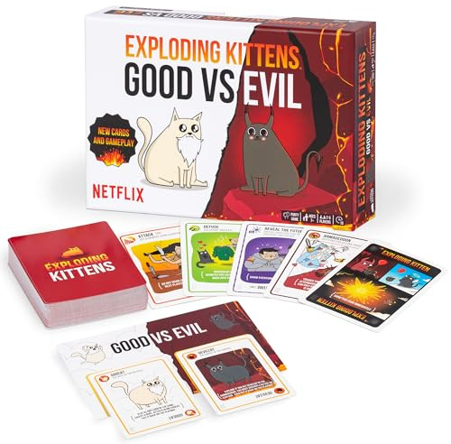Exploding Kittens Good vs. Evil, 2-5 Players, Age 7+ Card Game | Battle with Godcat and Devilcat, use the playmat, and unleash good-versus-evil chaos in a fast, travel-ready card game.