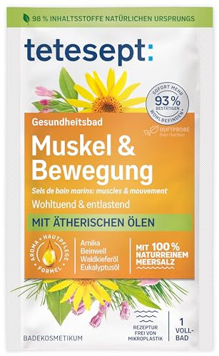 tetesept Meersalz Muskel & Bewegung – 10 x 80 g – Gesundheitsbad für Entlastung nach Bewegung mit ätherischen Ölen – Wohltuender Badezusatz mit natürlichem Meersalz