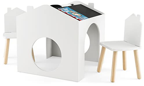 COSTWAY Kids Table and Chair Set, Wooden Children Desk with Chalkboards, 3 Pieces Toddler Activity Furniture for Learning, Drawing, Dining (White)