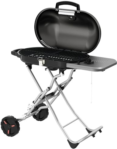 ZAFRO Portable Stand-Up Propane Grill with Hood,Foldable Outdoor BBQ Propane Gas Grill Cart with Side Table for Camping,Patio and Backyard Barbecue,Black