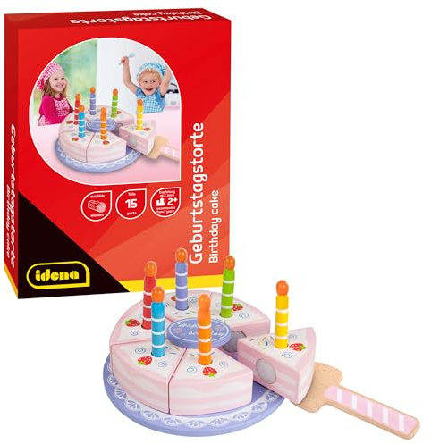 Idena 40262 - Gâteau d'anniversaire en Bois, gâteau d'anniversaire pour Cuisine de Jeu et Magasin, pour Enfants à partir de 2 Ans, Dimensions env. 15 x 15 x 8,5 cm