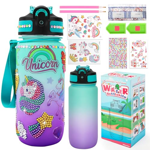 MOMSIV Hantverk, presenter för flickor 5 6 7 8 9 10 år, gör-det-själv drickflaska set leksak med glitter diamantmålning enhörning klistermärken, hantverk vattenflaska kit för barn födelsedagspresent