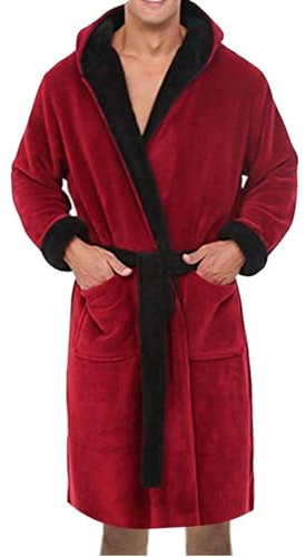 Bata de hombre negro - Albornoces para hombre con capucha, juego de ropa de noche, invierno, cálido, largo, esponjoso, albornoz con cuello largo, bata de baño, ropa de estar por casa suave y cálida