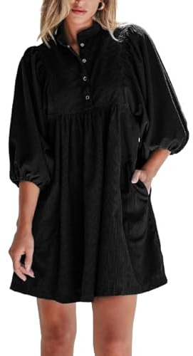 Opemiby Womens Casual Dresses Corduroy Button Up Empire Waist 3/4 Sleeve Fall Winter Mini Babydoll Dress Black S